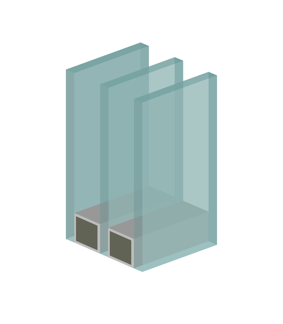 Schematische Darstellung einer 3-fach verglasten Fensterscheibe im Querschnitt