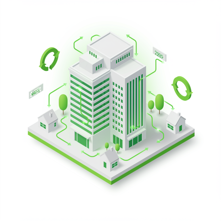 Isometrische Illustration eines Gebäudes mit grünen Energieflusslinien – Ökobilanz Lebenszyklus