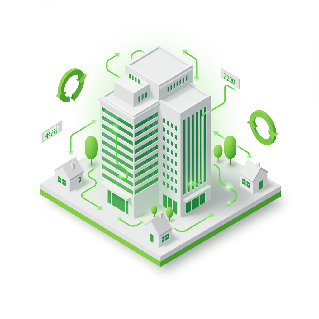 Isometrische Illustration eines Gebäudes mit grünen Energieflusslinien – Ökobilanz Lebenszyklus