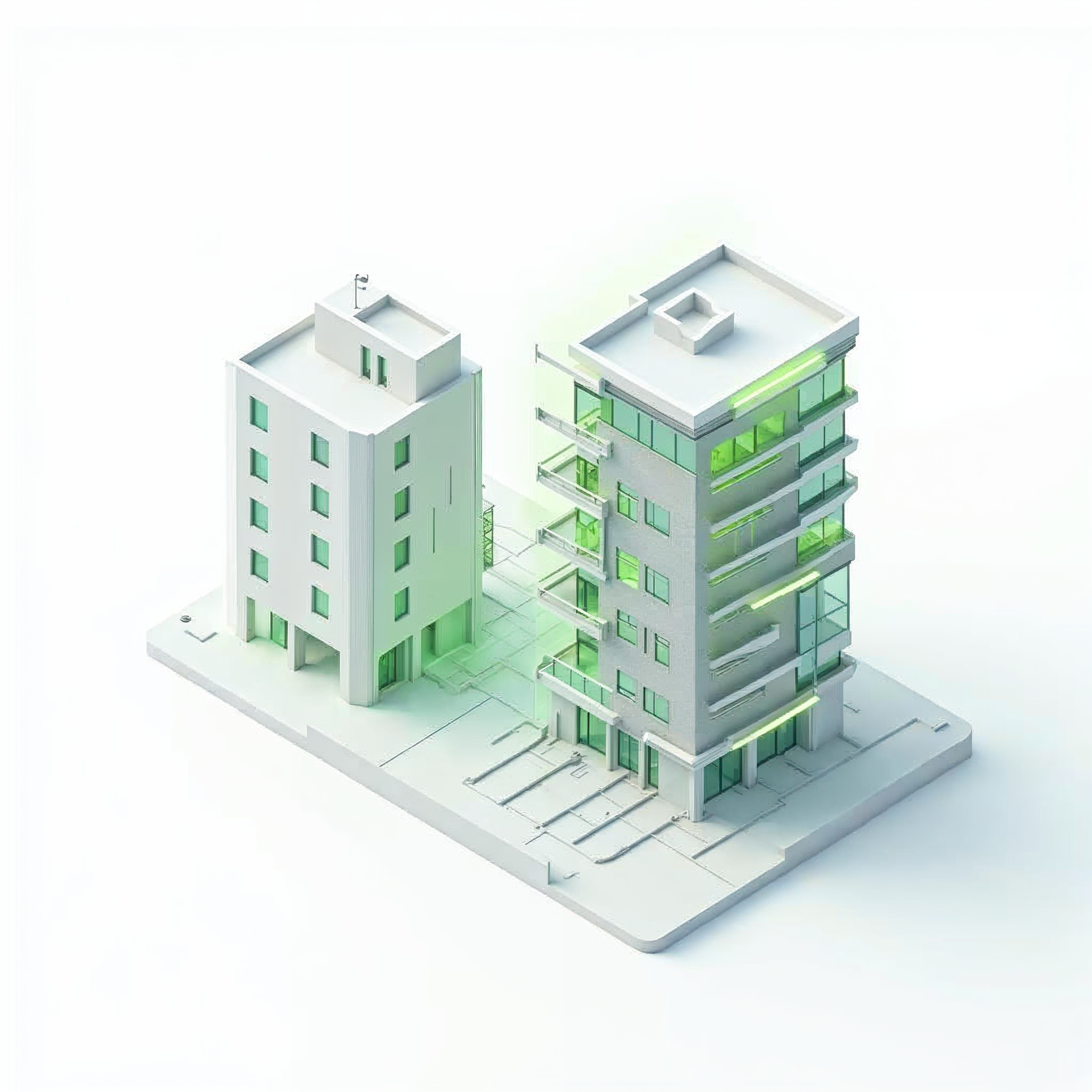 Isometrische Illustration: Umbau Gewerbeimmobilie zu Wohnraum – KfW-Programm 266 Gewerbe zu Wohnen