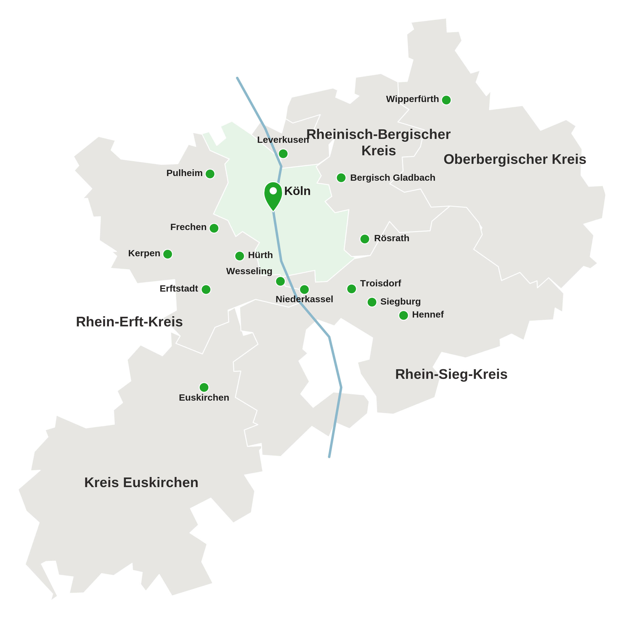 Karte der Einsatzgebiete der GREENOX Energieberatung in Köln und Umgebung